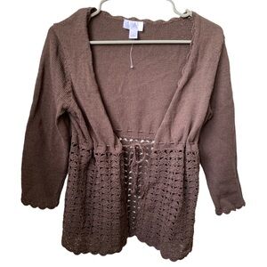 LOFT Women’s Brown 3/4 Sleeve Tie Front Rayon Nylon Crochet Bottom Cardigan
